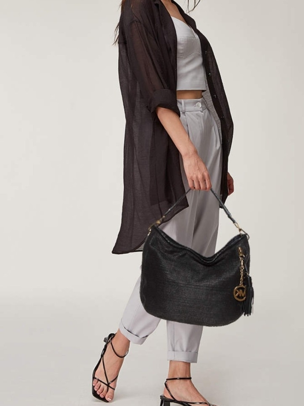 MICHAEL Michael Kors Black Straw And Leather Bennet Hobo